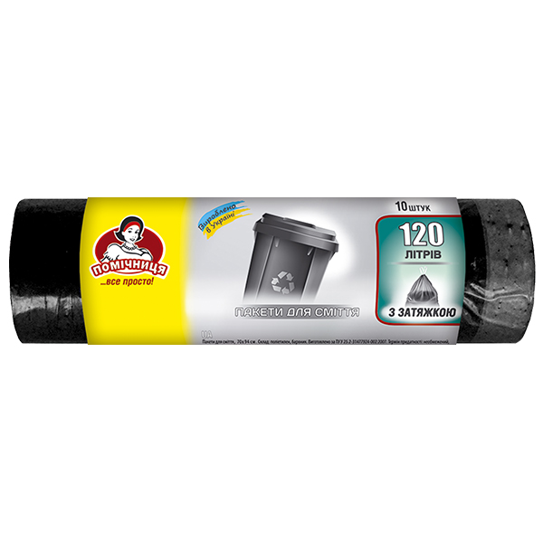 Пакети для сміття з затяжками ТМ "Помічниця" 120л 10шт, LDPE, 70см х 106см, чорні